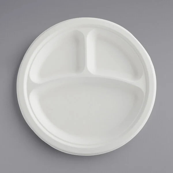 GJ7 - 10"- 3 Compartment Bagasse Round Plate, White [500/Case]