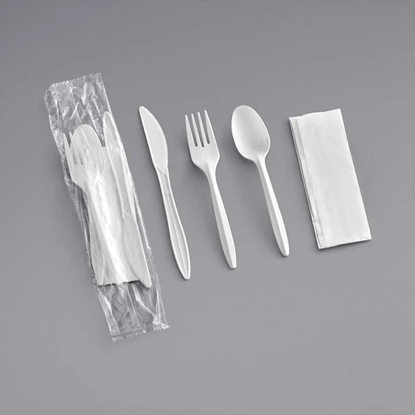 Medium Weight Plastic Meal Kit - Fork, Knife, Teaspoon & Napkin, White (250/Case)