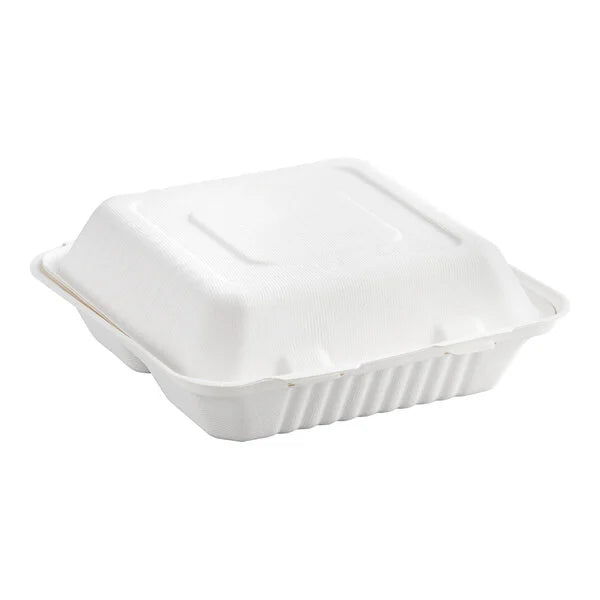 GJ7 - 8" x 8"- 3 Compartment Bagasse Hinged Lid Container [200/Case]