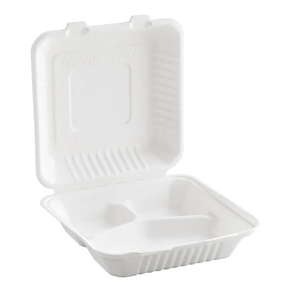 GJ7 - 9" x 9"- 3 Compartment Bagasse Hinged Lid Container [200/Case]