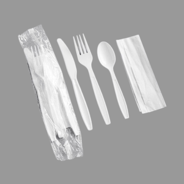 Heavy Weight Plastic Cutlery Set - Fork, Knife, Teaspoon & Napkin, White [500 Pack]