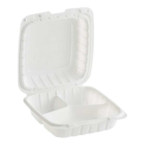 8X8- 3 Compartment Microwaveable Mineral-Filled Plastic Hinged Clamshell, White [150 Pack]