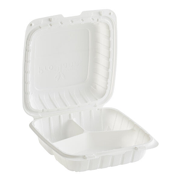 9X9- 3 Compartment Microwaveable Mineral-Filled Plastic Hinged Clamshell, White [150 Pack]