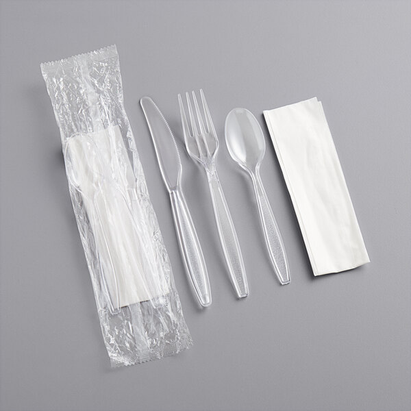 Plastic Cutlery Set Heavy Weight Fork, Knife, Teaspoon & Napkin Clear [500 Pack]