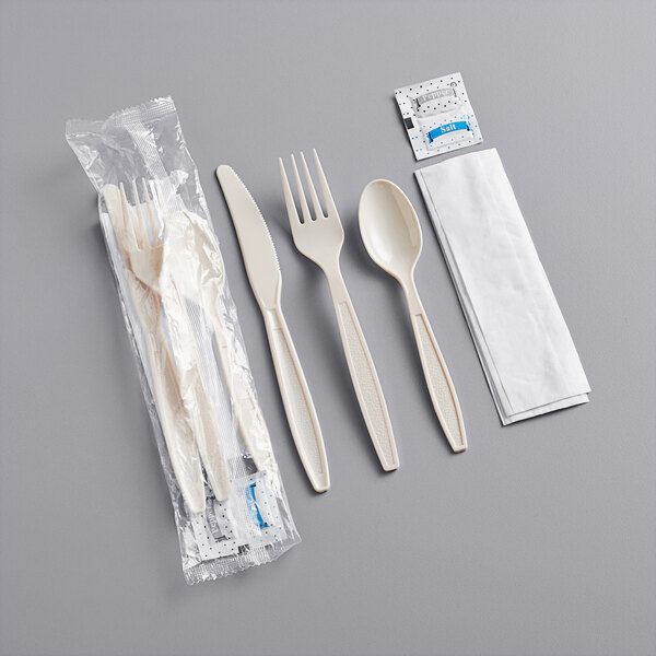 Plastic Cutlery Set Heavy Weight Fork, Knife, Teaspoon, Napkin with Salt & Pepper Beige [500 Pack]