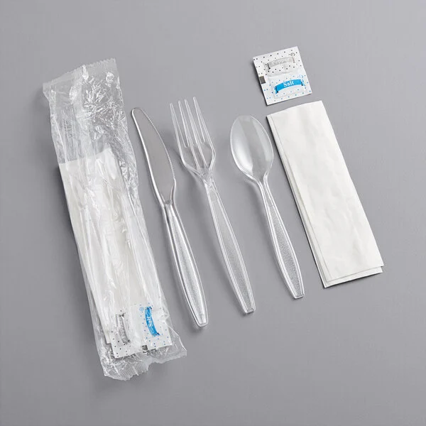 Plastic Cutlery Set Heavy Weight Fork, Knife, Teaspoon, Napkin with Salt & Pepper Clear [500 Pack]