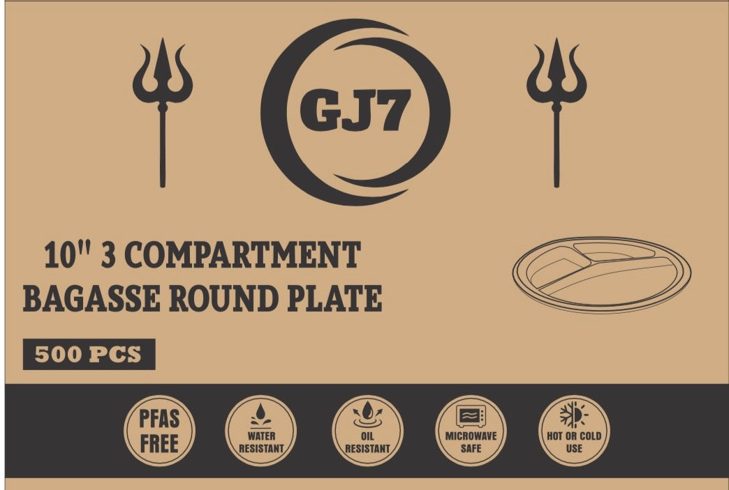 GJ7 - 10"- 3 Compartment Bagasse Round Plate, White [500/Case]