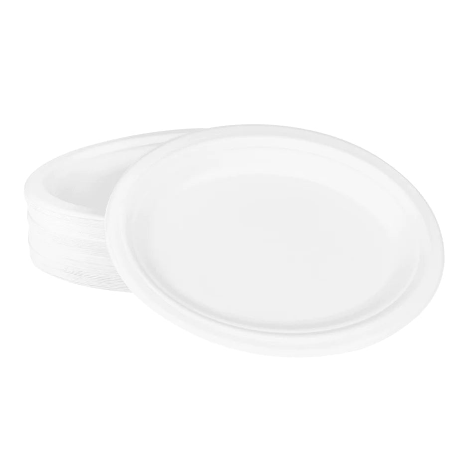 Karat  10'' x 8'' PFAS Free Compostable Bagasse Oval Plates, White [500 pcs]