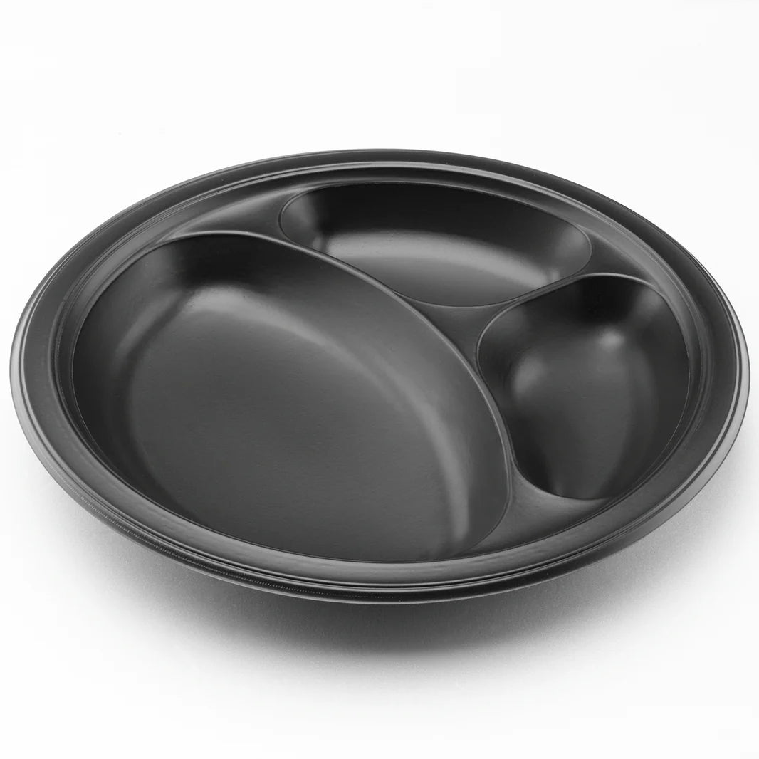 Karat Earth 10.25" 3 Compartment Mineral Filled PP Round Plate, Black [500/Case]