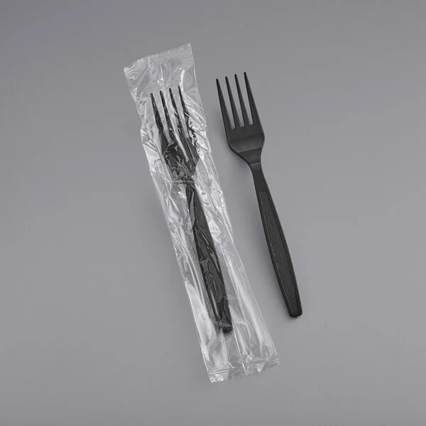 Heavy Weight Plastic Fork Individually Wrapped, Black [1000 Pack]