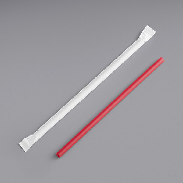 Plastic Jumbo Straws 5 3/4" Red, Paper Wrapped [500 Pack]