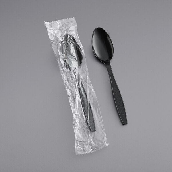 Heavy Weight Plastic Teaspoon Individually Wrapped, Black [1000 Pack]