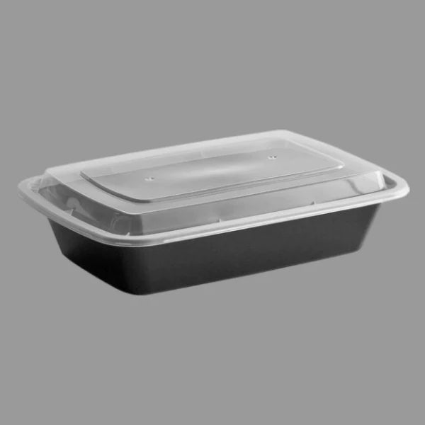 16 oz Rectangle Microwavable Black Containers with Clear Lids [150/Case]]