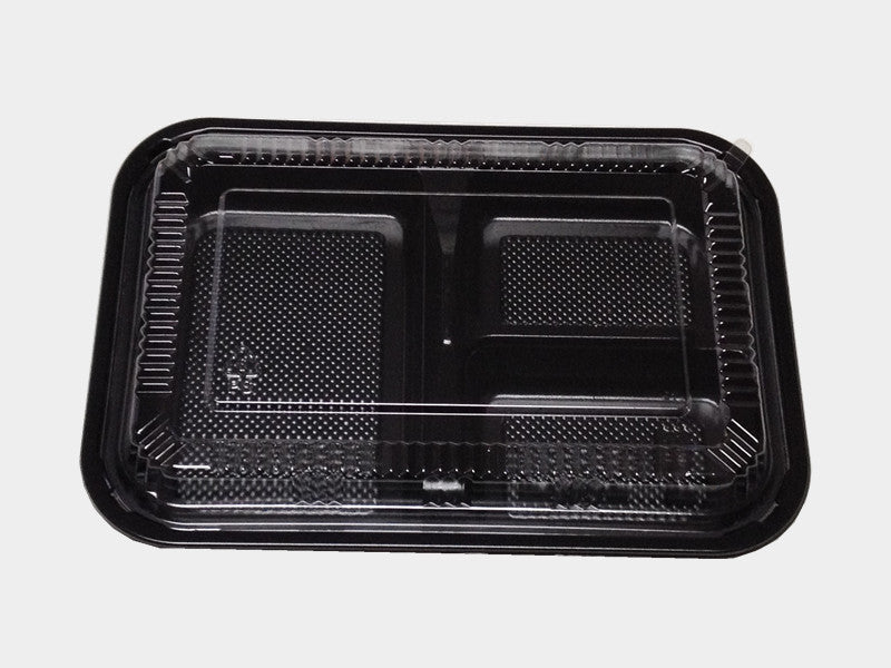 TZ-303 - 3 Compartment Black Bento Box With Clear Lid [270/Case]