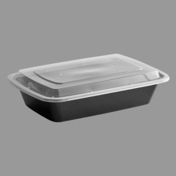 28 oz Rectangle Microwavable Black Containers with Clear Lids [150/Case]