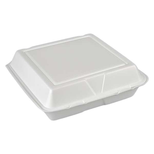Dart 90HT1R 9 1/2" x 9" x 3" White Foam Square Take Out Container with Hinged Lid - 200/Case