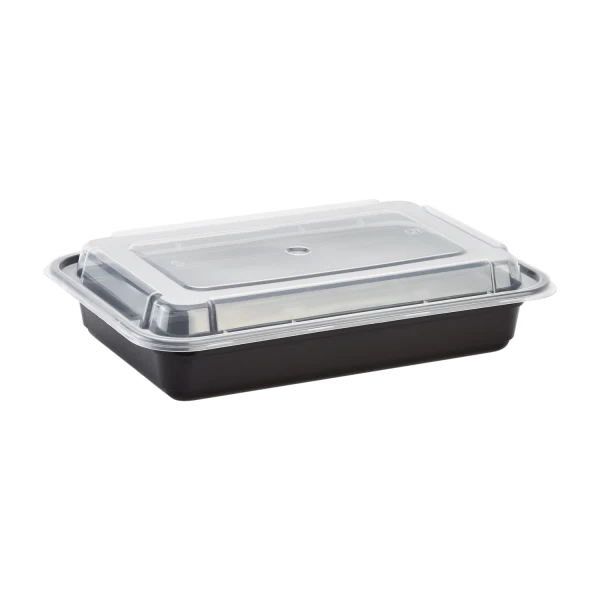 GJ7 - 24 oz Rectangular Microwavable Black Containers with Clear Lids [150/Case]