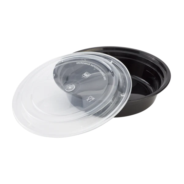 48oz Round Microwavable Black Containers with Clear Lids [150/Case]