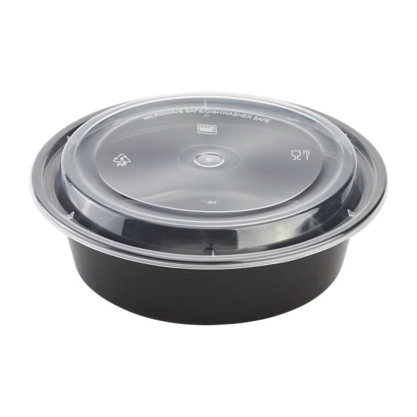 GJ7 24 oz Round Microwavable Black Containers with Clear Lids [150/Case]