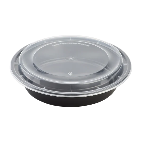 GJ7 - 48 oz Round Microwavable Black Containers with Clear Lids [150/Case]