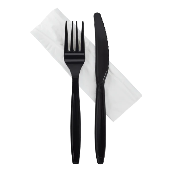 Karat Heavy-Weight Cutlery Kits (Knife, Fork, 1-ply Napkin), Black [500/Kits]
